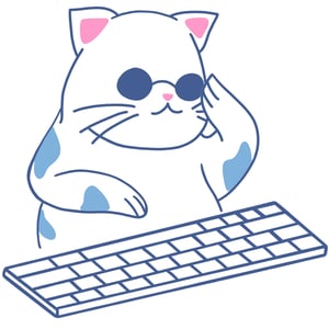 A white cat with blue spots, a pink nose, and pink ears is putting on blue sunglasses. The cat's body is visually cut off by dark gray blue keyboard..